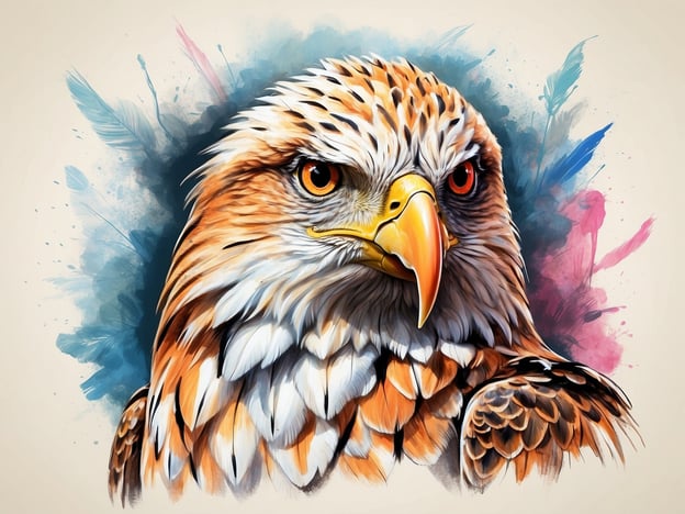 Auf dem Bild ist ein majestätischer Adler zu sehen, der kunstvoll dargestellt wird. Die lebendigen Farben im Hintergrund könnten gut zu besonderen Veranstaltungen oder Events passen, wie z.B. einem Naturfest, einem Kunstfestival oder einer Umweltschutzveranstaltung. Solche Anlässe könnten das Bewusstsein für den Schutz von Raubvögeln und ihrer Lebensräume fördern und gleichzeitig die Schönheit der Natur feiern.