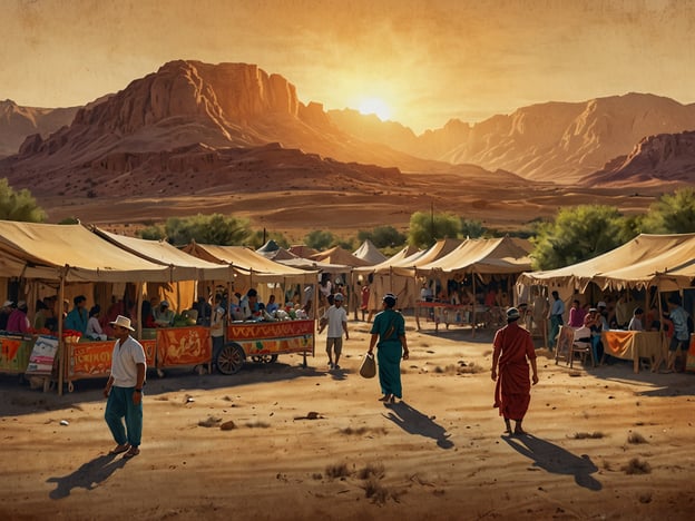 Auf dem Bild ist ein belebter Markt in einer Wüstenlandschaft zu sehen, vermutlich bei Sonnenuntergang. Diese Szenerie könnte symbolisch für die lebendige Kultur in Niger stehen, wo traditionelle Märkte eine zentrale Rolle im sozialen und wirtschaftlichen Leben spielen. 

In Niger sind Märkte oft Orte, wo sich Menschen versammeln, um Waren auszutauschen, lokale Produkte zu kaufen und sich auszutauschen. Die Anordnung von Ständen und die Interaktion zwischen den Verkäufern und Käufern spiegeln die Gemeinschaftsbindung wider, die in der nigrischen Kultur stark ausgeprägt ist.

Die Berglandschaft im Hintergrund könnte die beeindruckende natürliche Schönheit des Landes repräsentieren, während die orangefarbenen und goldenen Töne des Sonnenuntergangs eine warme und einladende Atmosphäre schaffen, die typisch für die Region ist. Solche Erlebnisse sind nicht nur wirtschaftlich, sondern auch kulturell wertvoll, da sie das Gemeinschaftsgefühl und die Traditionen am Leben erhalten.