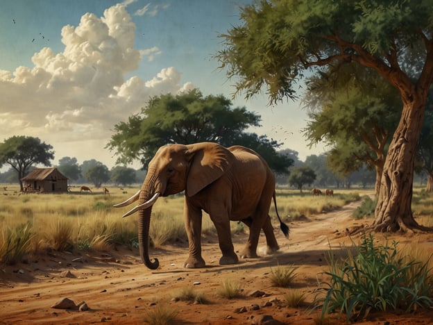 Auf dem Bild ist ein Elefant zu sehen, der durch eine malerische Landschaft mit hohen Gräsern und einigen Bäumen wandert. Im Hintergrund befindet sich eine einfache Hütte und möglicherweise einige Tiere, die sich in der Ebene aufhalten. Diese Art von Szene ist typisch für den Tschad, ein Land in Zentralafrika, das für seine vielfältige Tierwelt und naturnahe Landschaften bekannt ist. Der Tschad beherbergt viele Elefanten und andere Wildtiere, die oft in den Savannen und Wüstenregionen des Landes anzutreffen sind.