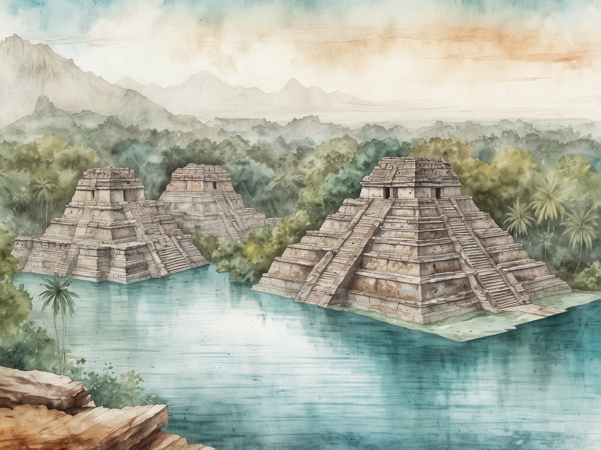Maya-Ruinen von Yaxhá, umgeben von üppiger, grüner Vegetation und majestätischen Bergen im Hintergrund. Im Vordergrund fließt eine ruhige Lagune, die das antike Stadtbild reflektiert. Die Ruinen bestehen aus mehreren pyramidenartigen Strukturen mit Zugangstreppe, die in die Lagune ragen. Die gesamte Szenerie ist in sanften Wasserfarben gehalten, die einen friedlichen und historischen Eindruck vermitteln.