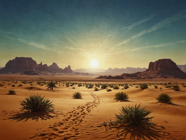 Auf dem Bild ist eine beeindruckende Wüstenlandschaft zu sehen, die an die Sahara erinnert. Der Sonnenuntergang taucht die Szene in warmes Licht und beleuchtet die sanften Sanddünen sowie einige Vegetation, die in Form von Pflanzen verteilt ist. Im Hintergrund sind große Felsen und Berge zu erkennen, die der Umgebung eine majestätische Note verleihen. Die Sahara: Wüste voller Geheimnisse, ist nicht nur für ihre Schönheit bekannt, sondern auch für die zahlreichen Geschichten und Geheimnisse, die sie birgt.