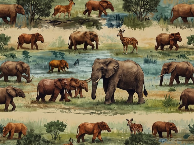 Auf dem Bild sind verschiedene Wildtiere zu sehen, die typisch für die Fauna im Tschad sind. Es zeigt eine Vielzahl von Elefanten, die in einer savannenähnlichen Landschaft grasen. Zudem sind Giraffen und verschiedene Arten von Antilopen abgebildet. Diese Tiere leben häufig in den Nationalparks des Tschad, wie dem Zakouma-Nationalpark, der für seine reiche Tierwelt und Naturschutzbemühungen bekannt ist. Die Illustration spiegelt die biodiversität und Schönheit der Natur in dieser Region wider.