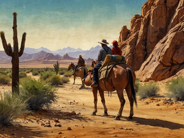 Auf dem Bild sind Reiter zu sehen, die durch eine wüstenartige Landschaft reiten. Solche Abenteueraktivitäten im Tschad könnten das Reiten durch die Wüste, Trekkingtouren in die Sahara oder das Entdecken der einzigartigen Landschaften, wie den Tschadsee oder die Ennedi-Region, sein. Hier können Reisende die beeindruckende Natur erleben und die Kultur der nomadischen Stämme kennenlernen.