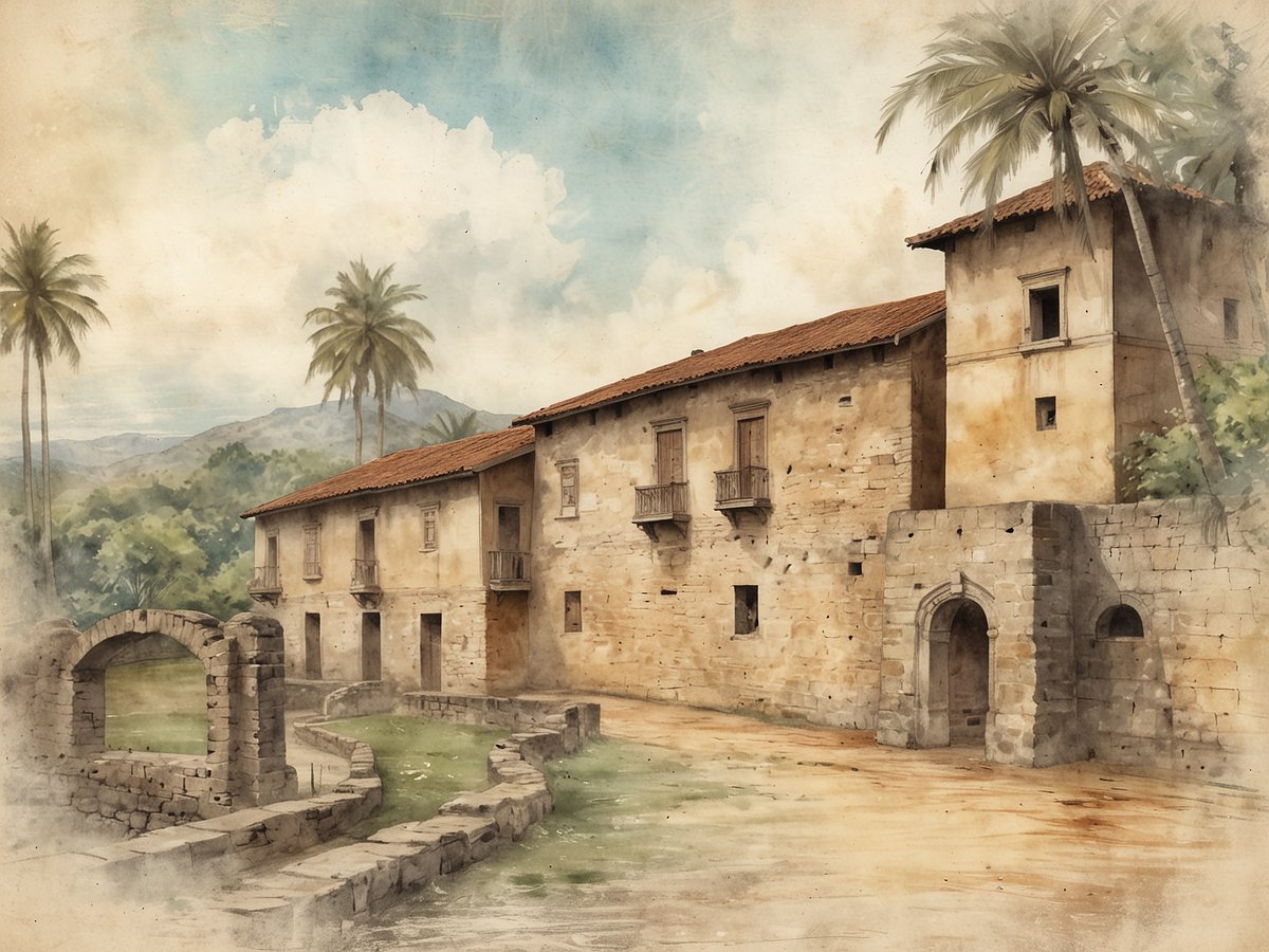 Eine historische Festung in San Felipe de Lara wird dargestellt, umgeben von üppiger tropischer Vegetation. Die Gebäude sind aus rustikalem Stein und haben rote Ziegeldächer. Im Vordergrund ist eine geschwungene Mauer aus alten Steinen zu sehen, die die Atmosphäre der Karibik unterstreicht. Im Hintergrund erheben sich sanfte Hügel, und der Himmel zeigt eine sanfte Wolkenstruktur. Palmen ragen in die Höhe und ergänzen das tropische Gefühl des Ortes.