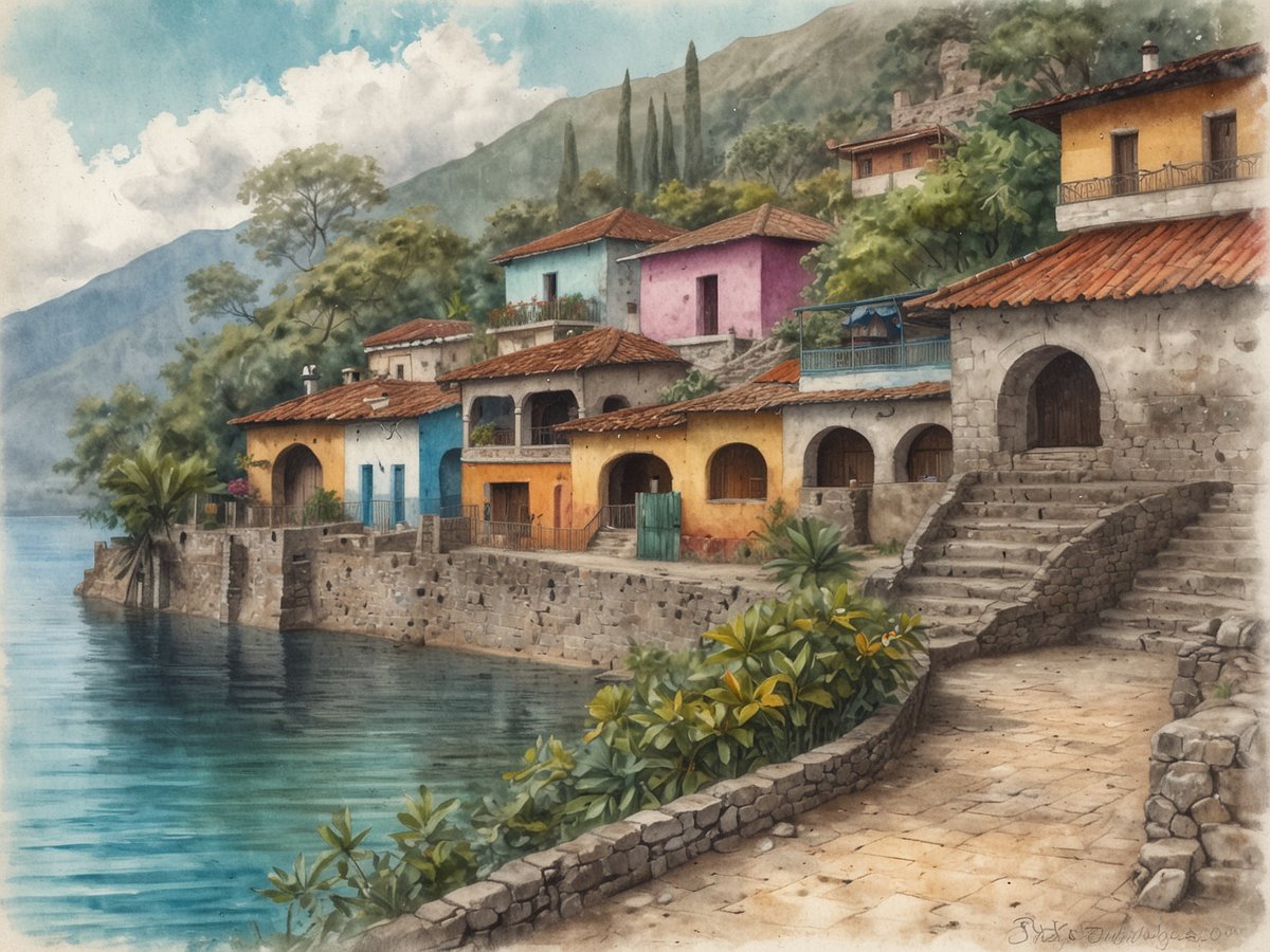 Eine malerische Uferpromenade in San Lucas Tolimán am Atitlán-See, umgeben von bunten, traditionell kubischen Häusern in unterschiedlichen Farben wie Blau, Gelb und Pink. Die Gebäude mit Ziegeldächern sind von üppigem Grün und tropischen Pflanzen umgeben, die die natürliche Schönheit der Umgebung betonen. Sanfte Wellen spiegeln sich im ruhigen Wasser des Sees wider, während im Hintergrund majestätische Berge und eine teilweise bewölkte Himmel zu sehen sind. Die Steinstufen führen zum Wasser, was die ländliche Idylle und die Authentizität des Dorfes unterstreicht.
