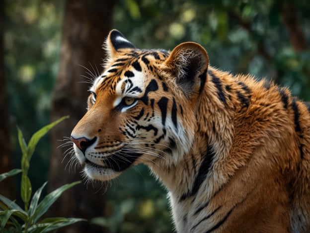 Auf dem Bild ist ein Tiger zu sehen, der majestätisch im Dschungel steht. Mit seinem auffälligen, gestreiften Fell fügt er sich perfekt in die üppige Flora seiner Umgebung ein. Die grünen Pflanzen, die ihn umgeben, schaffen einen lebendigen Kontrast zu seinem gefärbten Pelz. Diese Szenerie ist ein wahres Paradies für Naturbeobachter, die die faszinierende Tierwelt und die Schönheit der Pflanzenwelt erleben möchten.