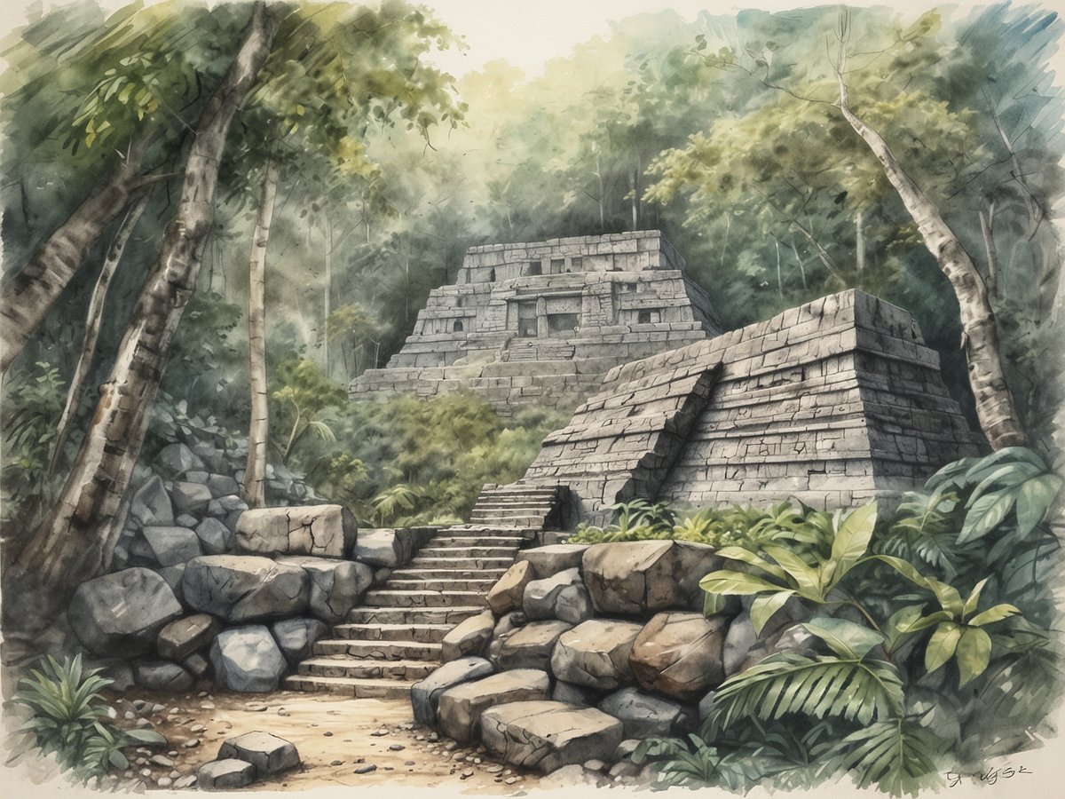 Maya-Ruinen in einem dichten Regenwald mit einer steinernen Treppe, die zu einem imposanten Tempelgebäude führt. Im Hintergrund sind weitere Ruinen zu sehen, umgeben von üppiger Vegetation und hohen Bäumen. Das Licht scheint sanft durch das Blätterdach und verleiht der Szene eine mystische Atmosphäre. Die Bäume und Pflanzen umrahmen die antiken Strukturen und vermitteln den Eindruck eines unberührten, historischen Ortes.