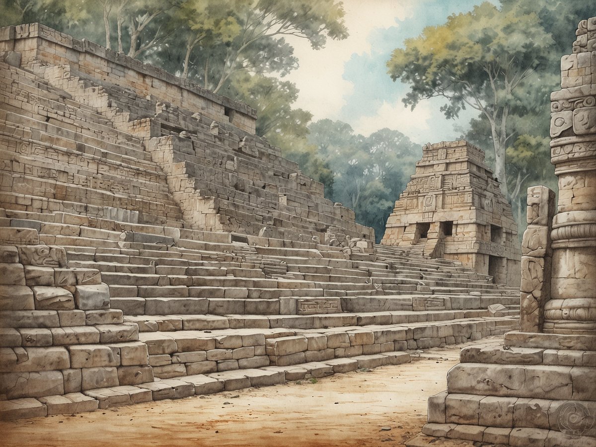 Die Copán Ruinen zeigen die beeindruckenden Überreste einer Maya-Stätte, die von majestätischen Treppen und Skulpturen geprägt ist. Im Bild sind steinerne Stufen zu sehen, die zu einer Pyramide führen, umgeben von dichten Bäumen im Hintergrund. Die Struktur ist sichtbar mit kunstvollen Reliefs verziert, und einige Statuen flankieren den Vordergrund. Die gesamte Szene vermittelt ein Gefühl von Geschichte und kulturellem Erbe, in einem ruhigen und natürlichen Umfeld.