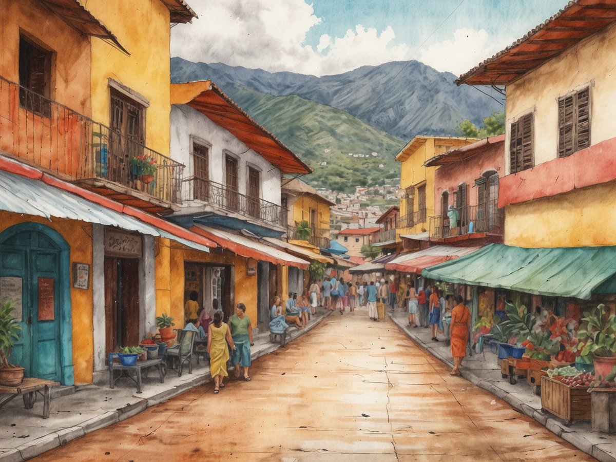 Eine malerische Straße in Tegucigalpa, umgeben von bunten Gebäuden mit Terrakottadächern. Die Straßenansicht zeigt Menschen, die lässig flanieren, während lokale Geschäfte und Stände die Seiten der Straße säumen. Kübel mit Pflanzen und frischen Lebensmitteln sind vor den Geschäften platziert. Im Hintergrund erheben sich sanfte Berge unter einem teilweise bewölkten Himmel. Die Szene strahlt eine lebendige, kulturelle Atmosphäre aus und lädt die Besucher ein, die historische Seite der Hauptstadt zu entdecken.
