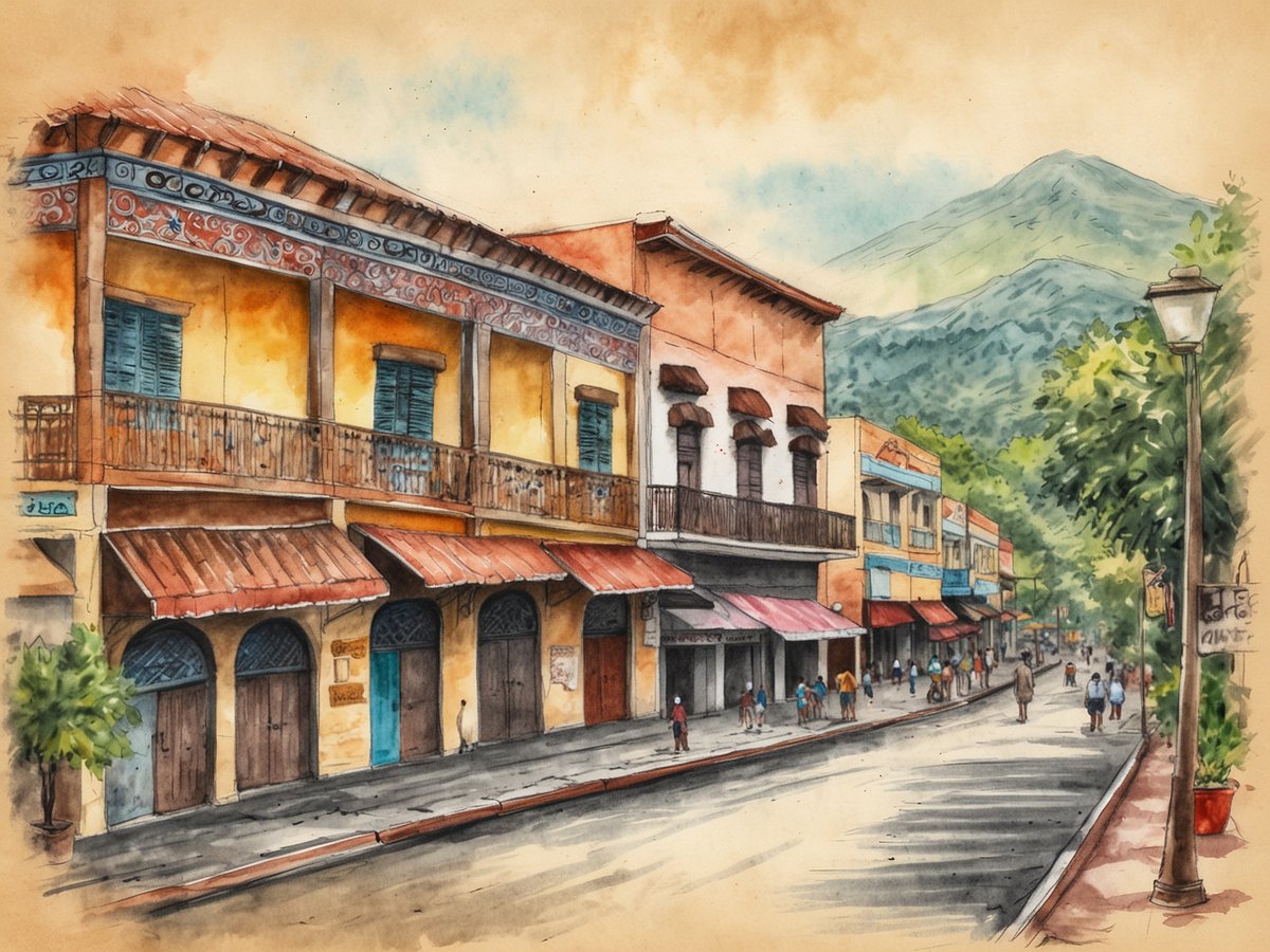 Eine malerische Straßenansicht von San Pedro Sula, die historische und farbenfrohe Gebäude zeigt. Die Architektur ist geprägt von Holzbalkonen und großen Fenstern. Auf der Straße sind Menschen beim Flanieren zu sehen, während kleine Geschäfte mit bunten Markisen auf der linken Seite des Bildes im Mittelpunkt stehen. Im Hintergrund erhebt sich eine grüne Berglandschaft, die die natürliche Schönheit Hondura unterstreicht. Die Szene strahlt eine lebendige, aber entspannte Atmosphäre aus und lädt dazu ein, die Stadt und ihre Umgebung zu erkunden.