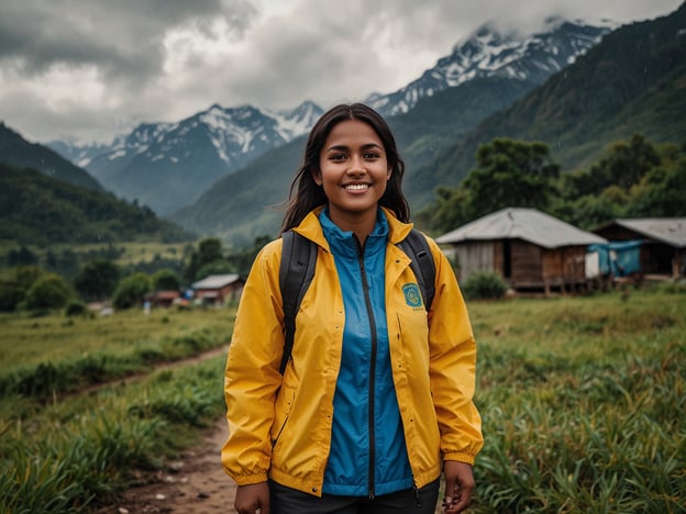 Auf dem Bild ist eine Person in einer gelben und blauen Jacke zu sehen, die in einer malerischen, gebirgigen Landschaft steht. Im Hintergrund sind hohe, schneebedeckte Berge und eine grüne Wiese zu erkennen, sowie einige einfache Gebäude.

**Reisetipps:**

1. **Kleidung:** Achte darauf, wetterfeste Kleidung zu tragen. In bergigen Regionen kann das Wetter schnell umschlagen.

2. **Ausrüstung:** Ein Rucksack ist nützlich, um Snacks, Wasser und andere wichtige Dinge zu transportieren.

3. **Sicherheit:** Halte dich an markierte Wege und informiere dich über die Gegend, in der du wanderst.

4. **Kamerabatterie:** Vergiss nicht, deine Kamera oder dein Handy aufzuladen, um die beeindruckende Landschaft festzuhalten.

5. **Respektiere die Natur:** Lass keinen Müll zurück und respektiere die lokale Flora und Fauna.