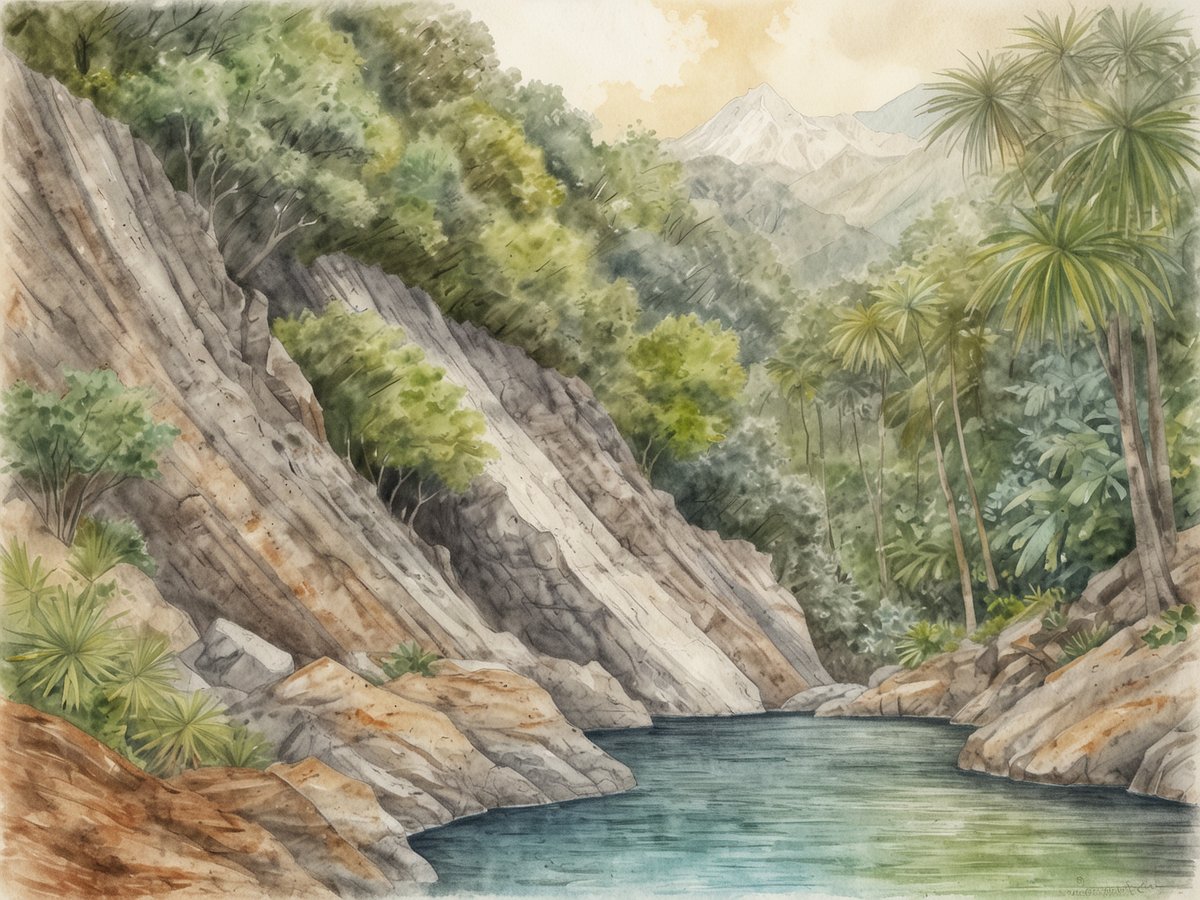 Eine idyllische Landschaft im Pico Bonito Nationalpark zeigt fließendes Wasser, das sanft zwischen grauen Felsen hindurchströmt. Umgeben von üppigem, grünem Wald, der verschiedene Baumarten und Palmen umfasst, erheben sich majestätische Berge im Hintergrund, deren Spitzen mit Schnee bedeckt sind. Das Bild vermittelt eine ruhige und friedliche Atmosphäre, die zum Wandern und zur Vogelbeobachtung einlädt.