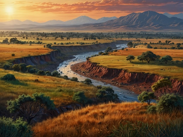 Auf dem Bild ist eine malerische Landschaft des Rift Valley zu sehen, ein echtes Naturwunder. Dieses Gebiet zeichnet sich durch sanfte Hügel und weite, goldene Graslandschaften aus. Ein silberner Fluss schlängelt sich durch die Landschaft, umgeben von Bäumen und Vegetation. Im Hintergrund erheben sich majestätische Berge unter einem farbenfrohen Himmel, der von der untergehenden Sonne erleuchtet wird. Diese Szenerie strahlt Ruhe und die Schönheit der Natur aus.