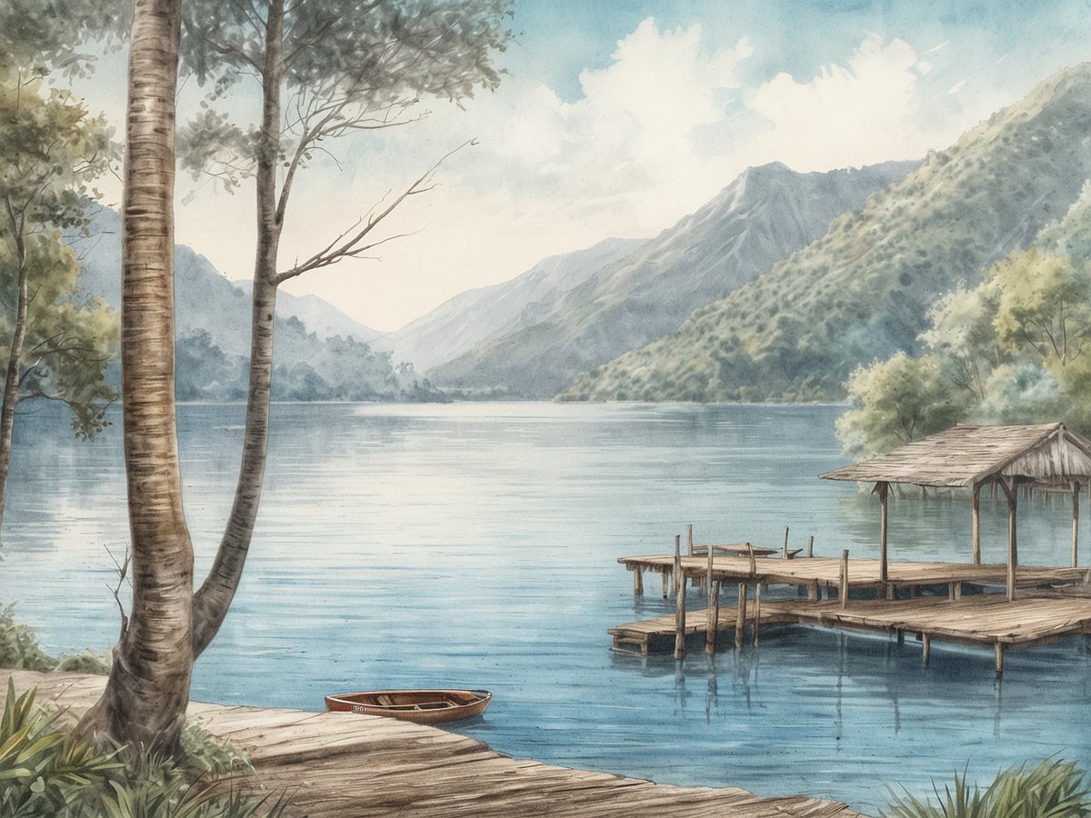 Ein malerischer Blick auf den Lake Yojoa in Guatemala zeigt ruhige Wasserflächen, die von sanften Bergkuppen umgeben sind. Im Vordergrund strahlen hohe Bäume und eine Holzplattform, die über das Wasser ragt, eine einladende Atmosphäre aus. Ein kleines rotes Boot liegt in der Nähe der Uferlinie und vervollständigt das friedliche Landschaftsbild. Die sanften Farben des Himmels und der Berge tragen zur harmonischen Ausstrahlung der Szene bei, die Naturerlebnisse und Angelspaß am malerischen See verspricht.