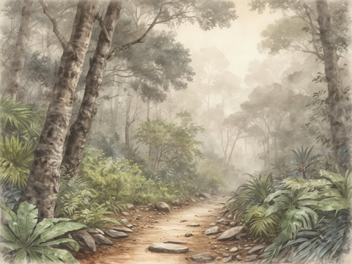 Eine stimmungsvolle Wanderung durch den La Tigra Nationalpark, die einen nebelverhangenen Wald zeigt. Der Weg schlängelt sich zwischen hohen, schlanken Bäumen hindurch und ist gesäumt von artenreicher Flora. Üppige grüne Pflanzen und vereinzelte Steine verleihen der Szenerie eine natürliche Schönheit. Die dämpfende Nebelatmosphäre schafft eine geheimnisvolle Stimmung, die das Gefühl vermittelt, in eine unberührte, tropische Landschaft einzutauchen.