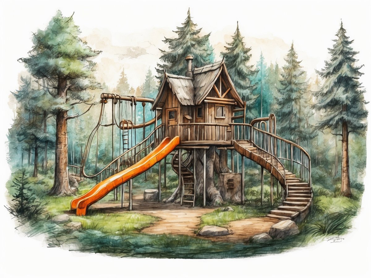 Ein kreativer Waldspielplatz in Zwiesel ist abgebildet. Im Vordergrund steht ein Baumhaus mit einer Holzstruktur und einem schrägen Dach. Vor dem Baumhaus befinden sich eine orangefarbene Rutsche und eine gewundene Treppe, die zu einer Plattform führt. Im Hintergrund sind hohe Nadelbäume und eine grüne Wiese zu sehen, die eine natürliche, einladende Umgebung schaffen. Der Boden ist mit einigen Steinen und Gras bedeckt, was das Bild zusätzlich lebendig wirken lässt.