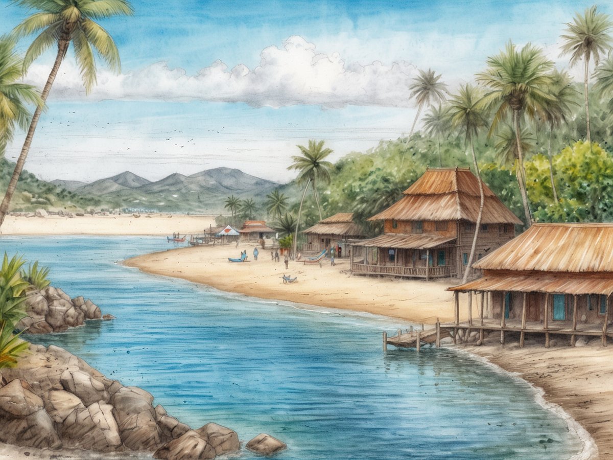 Eine malerische Küstenlandschaft in Puerto Cortés, Honduras, zeigt einen ruhigen Strand mit feinem Sand und sanften Wellen. Im Vordergrund fließt ein klarer Fluss in den Ozean, umgeben von grünen Palmen und einem großen Felsvorsprung. Am Strand befinden sich mehrere traditionelle Holzhütten mit strohgedeckten Dächern, die in der Sonne leuchten. Menschen sind am Strand und am Wasser aktiv, während kleine Boote im Hintergrund vor Anker liegen. Die Szene wird von sanften Hügeln und einem blauen Himmel mit wenigen Wolken überragt, was eine entspannte Urlaubsatmosphäre vermittelt.