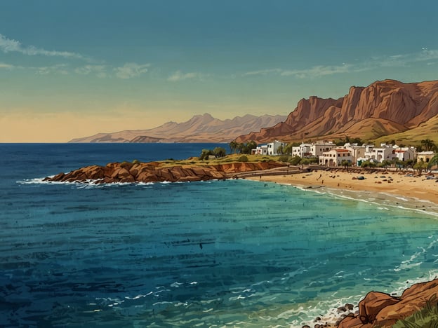 Auf dem Bild ist eine malerische Küstenlandschaft zu sehen, die an die beeindruckende Küste Eritreas erinnert. Die sanften Wellen des blauen Wassers treffen auf die goldene Sandbucht, umgeben von malerischen Häusern und üppiger Vegetation. Im Hintergrund erheben sich majestätische Berge, die die natürliche Schönheit der Umgebung unterstreichen. Es scheint ein einladender Ort für Erholung und Genuss der Natur zu sein.