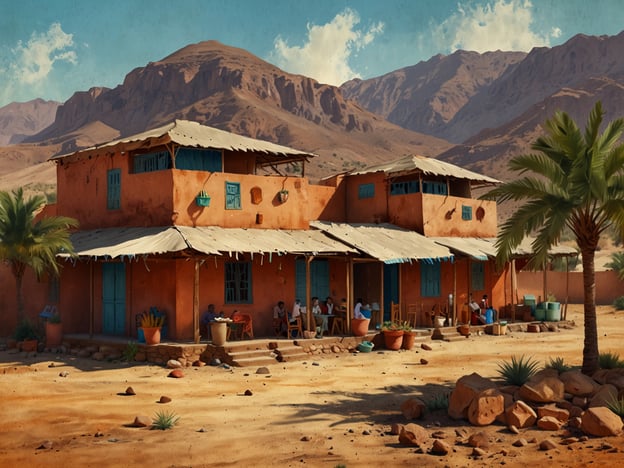 Auf dem Bild sieht man ein traditionelles, farbenfrohes Gebäude, das in einer ländlichen Umgebung in Eritrea angesiedelt sein könnte. Die Architektur zeigt eine Mischung aus mediterranen und afrikanischen Einflüssen, mit typischen blauen Fensterläden und einem Lehmmauerwerk. 

Um das Haus herum sind Menschen zu sehen, die in geselliger Runde zusammensitzen, was auf die eritreische Kultur der Gastfreundschaft hinweist. Die Landschaft im Hintergrund mit den Bergen und der trockenen Umgebung spiegelt die natürliche Schönheit Eritreas wider. Palmen und andere Pflanzen verleihen der Szenerie ein tropisches Flair. Dieses Bild vermittelt ein Gefühl von Gemeinschaft, Tradition und der engen Beziehung zur Natur in der eritreischen Lebensweise.