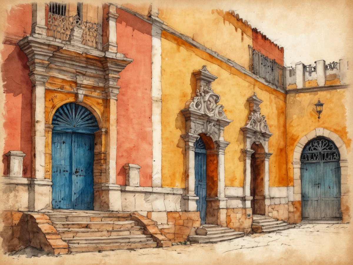 Das Bild zeigt eine farbenfrohe, koloniale Architektur in Comayagua, Honduras. Zu sehen sind mehrere verschiedene Eingänge mit kunstvollen Verzierungen. Der linke Eingang hat eine große, viereckige Tür in strahlendem Blau, über der sich ein eleganter Balkon mit schmiedeeisernen Gitter befindet. Der angrenzende Wandbereich ist in einem warmen Orange gehalten. Rechts vom blauen Eingang befindet sich ein weiterer Eingang mit einer geschwungenen Form und kunstvoll gestalteten Steinmetzarbeiten. Die Fassade ist prächtig und zeigt die Schönheit kolonialer Baukunst, während die Steinstufen eine einladende Atmosphäre schaffen. Der Hintergrund bleibt einfach, um den Fokus auf die architektonischen Details zu lenken.