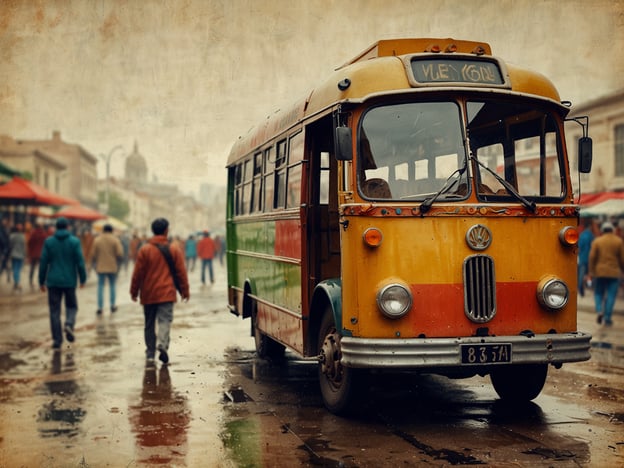 Auf dem Bild ist ein farbenfroher Oldtimer-Bus zu sehen, der auf einer belebten Straße steht. Menschen gehen in verschiedenen Richtungen, während einige Stände im Hintergrund sichtbar sind. 

In Dschibuti spiegelt sich kulturelle Vielfalt in den lebhaften Straßen und der Interaktion der Menschen wider. Das Land vereint verschiedene ethnische Gruppen und Kulturen, insbesondere die somalische und afarische Bevölkerung, sowie Einflüsse aus dem arabischen und französischen Erbe. Diese Diversität zeigt sich in der Kleidung, den Märkten und dem alltäglichen Leben. Der Bus könnte Teil des öffentlichen Verkehrs sein, der die verschiedenen Gemeinschaften miteinander verbindet und somit ein Symbol für diese kulturelle Mischung darstellt.