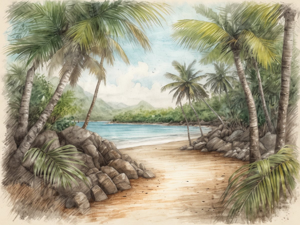 Eine malerische Küstenlandschaft, die den Punta Sal Nationalpark darstellt. Im Vordergrund erstreckt sich ein sandiger Strand, umgeben von glatten Felsen. Hochwachsende Palmen neigen sich sanft über den Strand, während im Hintergrund das glitzernde karibische Wasser sanft an die Ufer schlägt. Die üppige Vegetation und die sanften Hügel bieten einen eindrucksvollen Kontrast zum strahlend blauen Himmel, der mit wenigen Wolken durchzogen ist. Eine idyllische Szene, die die Schönheit der Regenwälder und Mangroven in dieser Region hervorhebt.