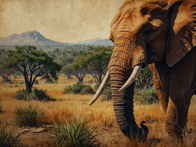 Auf dem Bild ist ein Elefant in einer savannenartigen Landschaft zu sehen, umgeben von niedrigen Bäumen und hohem Gras. Diese Umgebung erinnert stark an die Nationalparks von Simbabwe, wie den Hwange Nationalpark, der bekannt für seine große Elefantenpopulation ist. Die trockene, goldene Landschaft und die sanften Hügel im Hintergrund sind typisch für das Landschaftsbild in dieser Region. Der Elefant könnte auf Nahrungssuche sein, was in den Nationalparks häufig zu beobachten ist.