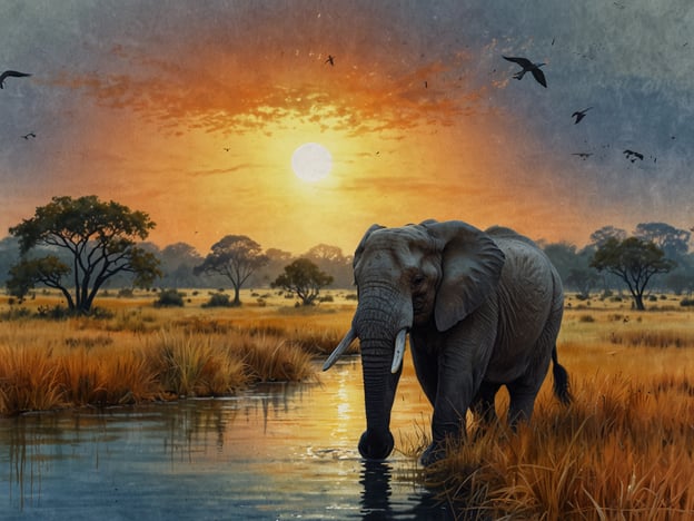 Auf dem Bild ist ein Elefant zu sehen, der in einem Gewässer steht, umgeben von einem weiten afrikanischen Savannenlandschaft bei Sonnenuntergang. Diese Szenerie spiegelt die beeindruckende Tierwelt und Natur Simbabwes wider. 

In Simbabwe gibt es viele abenteuerliche Aktivitäten, die man in solch einer Umgebung unternehmen kann, darunter:

1. **Safari-Touren**: Erleben Sie Tierbeobachtungen in den Nationalparks wie dem Hwange oder dem Mana Pools Nationalpark.
2. **Wanderungen**: Geführte Wanderungen durch die Wildnis ermöglichen es, die einzigartige Flora und Fauna hautnah zu entdecken.
3. **Wildwasser-Rafting**: Auf dem Zambezi River, besonders in der Nähe der Victoriafälle, können Abenteurer aufregende Rafting-Touren genießen.
4. **Heißluftballonfahrten**: Genießen Sie atemberaubende Ausblicke über die Savanne und beobachten Sie die Tiere aus der Vogelperspektive.
5. **Kultur- und Dorfbesuche**: Erleben Sie die einheimische Kultur und Traditionen und lernen Sie von den lokalen Gemeinschaften.

Simbabwe bietet also eine Vielzahl aufregender Aktivitäten für Abenteuerlustige inmitten einer wunderschönen Naturkulisse!