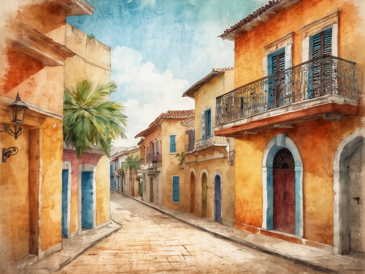 Eine malerische Straße in Trujillo mit kolonialer Architektur, umgeben von pastellfarbenen Häusern und hohen Palmen. Links ist ein gelbes Haus mit einem Balkon, rechts ein orangefarbenes Gebäude mit blauen Fensterläden. Die Straße ist gepflastert, und der Himmel ist klar mit leichten Wolken, was eine einladende Atmosphäre schafft.