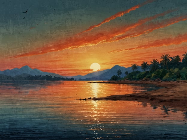 Auf dem Bild ist eine malerische Landschaft zu sehen, die an der Küste des malawischen Sees spielt. Der Sonnenuntergang taucht den Himmel in warme Farben von Orange und Rot, während sich das Licht auf der Wasseroberfläche spiegelt. Im Hintergrund sind Berge und Palmen, die eine tropische Atmosphäre schaffen.