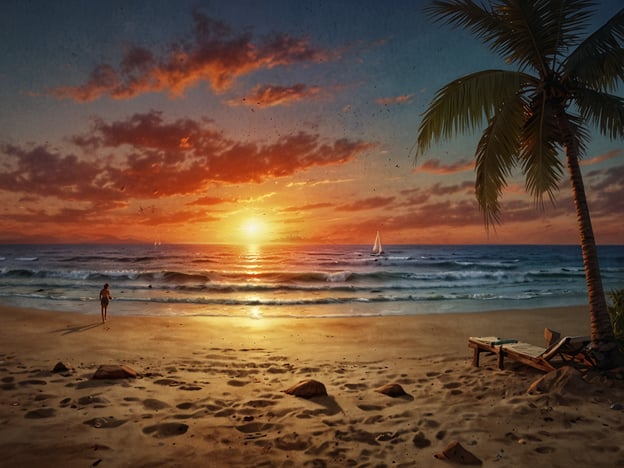 Auf dem Bild ist eine malerische Strandlandschaft bei Sonnenuntergang zu sehen. Es scheint, als könnte man hier gemütliche Spaziergänge am Strand genießen, während die Sonne langsam hinter dem Horizont verschwindet. Die sanften Wellen des Meeres laden zu einem erfrischenden Bad ein. 

Am Strand könnte man sich entspannen, mit einem Buch in der Hand auf einer Liege liegen oder das sanfte Rauschen der Wellen genießen. Das Segelboot im Hintergrund könnte für abenteuerliche Ausflüge auf dem Wasser stehen, während die Palmen eine tropische Atmosphäre schaffen, die zum Verweilen einlädt.