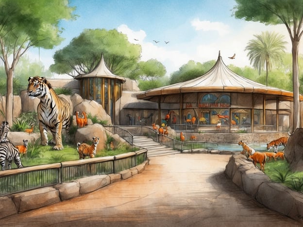 Auf dem Bild ist ein fantasievoller zoologischer Garten zu sehen, der verschiedene Attraktionen für Kinder bietet. Hier sind einige besondere Highlights:

1. **Tiger und Zebras**: Die Kinder können majestätische Tiere wie Tiger und Zebras aus der Nähe beobachten, was ein aufregendes Erlebnis für Tierliebhaber ist.

2. **Bunte Vögel**: In der Umgebung sind farbenfrohe Vögel (wie Flamingos) zu sehen, die das Interesse der Kinder wecken und viele Fragen über ihre Lebensweise anregen.

3. **Spielmöglichkeiten**: Die Architektur mit den bunten Pagodendächern könnte Spiel- und Entdeckungsbereiche für Kinder beinhalten.

4. **Naturerlebnis**: Die grüne Umgebung bietet eine tolle Möglichkeit, die Vielfalt der Natur zu erleben, was sowohl lehrreich als auch unterhaltsam ist.

Insgesamt ist es ein einladender Ort, der sowohl Spaß als auch Bildung für kleine Besucher bietet.