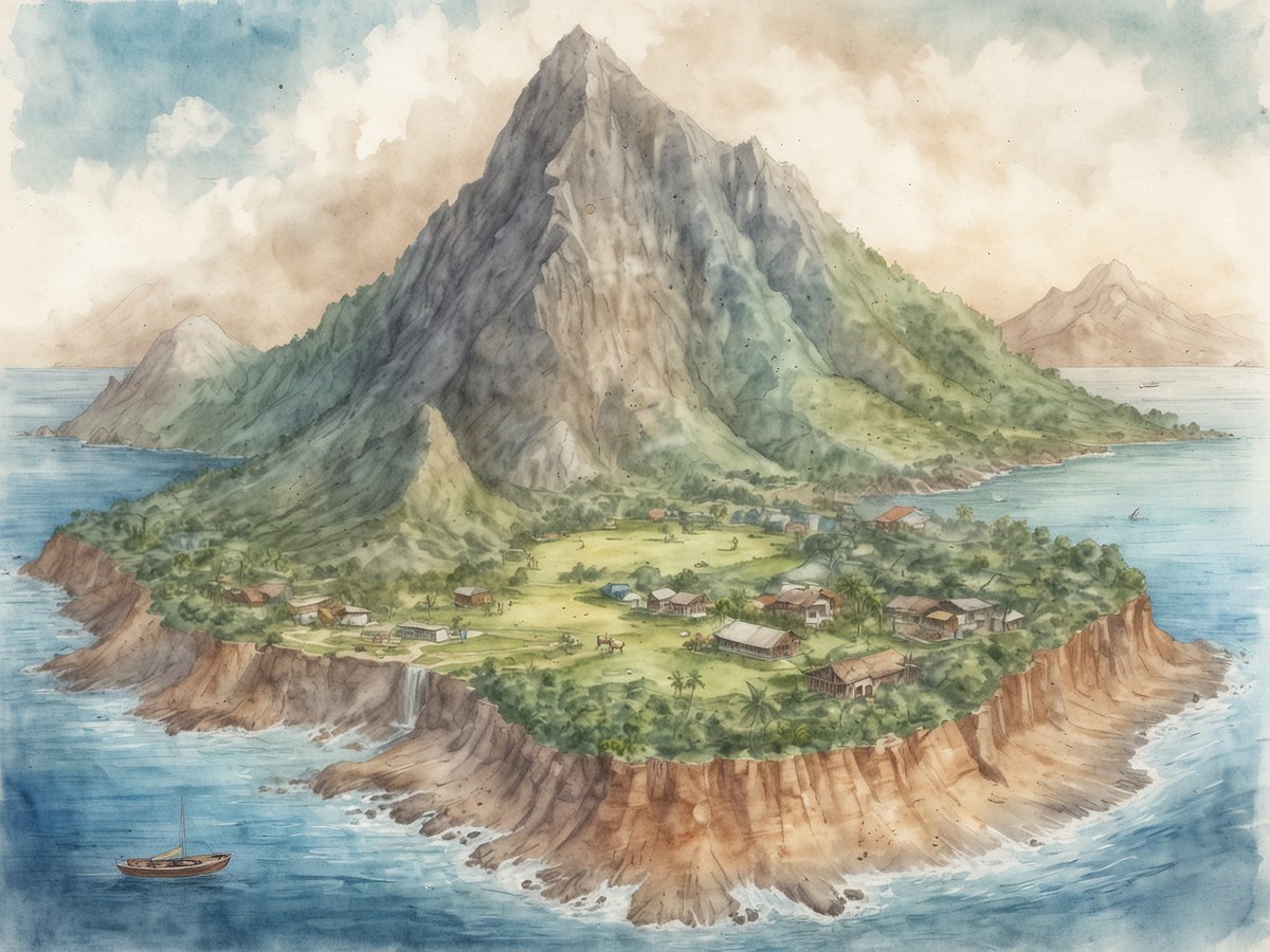 Die bildliche Darstellung zeigt die vulkanische Insel Amapala im Golf von Fonseca. Eine majestätische, steile Berglandschaft dominiert die Inselmitte, während die Küstenlinie sanft ins Wasser abfällt. Auf der Insel sind mehrere kleine, ländliche Gebäude zu sehen, umgeben von üppigem Grün und vereinzelten Palmen. Im Vordergrund schaukelt ein Boot sanft auf dem Wasser, und im Hintergrund sind weitere Berge erkennbar, die die malerische Kulisse abrunden. Der Himmel ist leicht bewölkt und verleiht der Szenerie eine friedliche Atmosphäre.