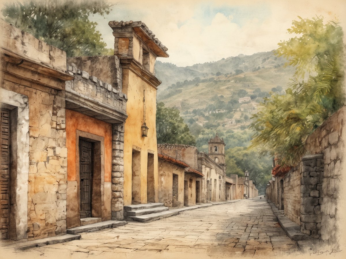 Eine malerische Straßenansicht von Santa Rosa de Copán mit von kolonialer Architektur geprägten Gebäuden. Die Fassaden der Häuser zeigen warme Farben, darunter gelb und orange, und bestehen aus Stein und Mauerwerk. Straßenlaternen hängen an den Wänden, während auf beiden Seiten der Straße große, grüne Bäume zu sehen sind. Im Hintergrund erhebt sich sanft die Hügellandschaft des Hochlands, die mit weiteren Gebäuden und Bäumen bedeckt ist. Die gepflasterte Straße führt in die Ferne und schafft eine einladende, ruhige Atmosphäre.