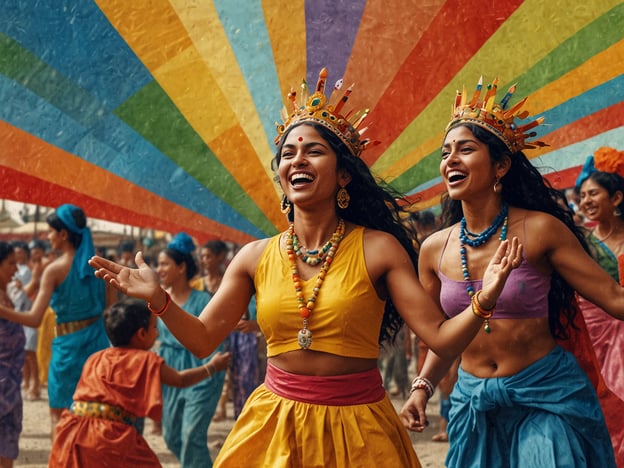 Auf dem Bild sind fröhlich tanzende Frauen in bunten traditionellen Kleidern zu sehen, die wahrscheinlich an einem kulturellen Fest oder einer Feier teilnehmen. Die Atmosphäre erinnert an das farbenfrohe Fest Holi, das in vielen Regionen Indiens gefeiert wird. Holi ist bekannt für seine Farben, den freudigen Austausch und das Miteinander. 

Die dargestellten Farben und die ausgelassene Stimmung könnten auch einen Bezug zu anderen kulturellen Festen haben, bei denen Tanz und Musik eine zentrale Rolle spielen. Die Frauen scheinen eine wichtige kulturelle Tradition zu zelebrieren, die Gemeinschaft, Freude und das Zusammensein in den Vordergrund stellt.