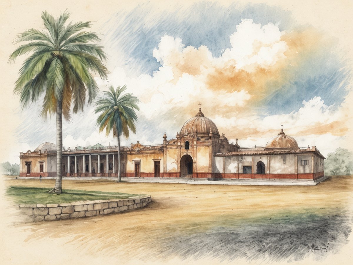 Das Bild zeigt ein historisches Bauwerk in Choluteca, Honduras. Im Vordergrund sind hohe Palmen zu sehen, die ein tropisches Ambiente schaffen. Im Hintergrund erhebt sich ein großes Gebäude mit einer imposanten Fassade, das durch seine kuppelartigen Dächer imponiert. Die Architektur zeigt koloniale Merkmale, mit großen Säulen und einem großzügigen Vorplatz, der von einer steinernen Mauer umgeben ist. Der Himmel ist lebhaft mit weißen Wolken und blauem Hintergrund, was auf das heiße Klima der Region hinweist.