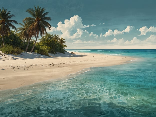 Auf dem Bild ist ein malerischer Strand mit feinem, weißen Sand und kristallklarem Wasser zu sehen. Umgeben von Palmen und üppigem Grün strahlt dieser Strand eine tropische Atmosphäre aus. Dies erinnert an einige der besten Strände der Seychellen, wie Anse Source d