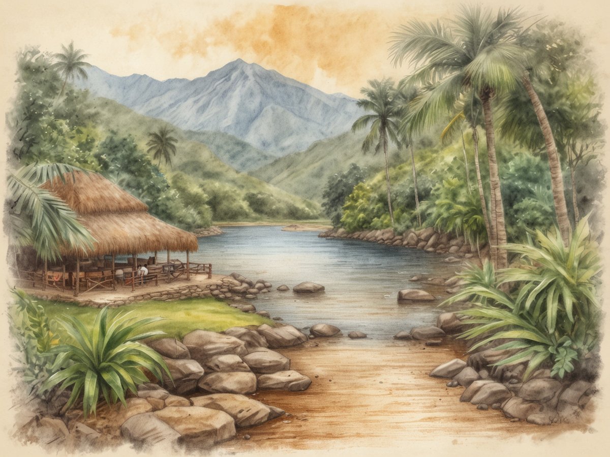 Eine malerische Darstellung der idyllischen Landschaft in der Kaffeeregion von Honduras. In der Mitte verläuft ein ruhiger Fluss, umgeben von üppigem Grün und sanften Hügeln. Auf der linken Seite steht ein traditionelles, reetgedecktes Häuschen, das mit einer Veranda ausgestattet ist. Verschiedene Pflanzen, einschließlich Palmen und tropischer Vegetation, zieren das Ufer und die Umgebung. Im Hintergrund erheben sich majestätische Berge unter einem sanften, orangefarbenen Himmel, was eine entspannende und einladende Atmosphäre schafft.