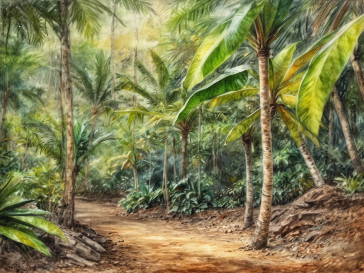 Eine wunderschöne tropische Landschaft mit einer schmalen, gewundenen Erde. Hohe Palmen und üppige grüne Pflanzen flankieren den Weg, der durch den dichten Dschungel führt. Die Sonne scheint sanft durch das Blätterdach und schafft eine ruhige und einladende Atmosphäre. Die Vielfalt der tropischen Flora ist deutlich sichtbar und lädt zu Erkundungen und Wanderungen in den Carambola Botanical Gardens auf Roatán ein.