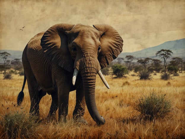 Auf dem Bild ist ein majestätischer Elefant zu sehen, der durch die weiten Savannenlandschaften Tansanias wandert. Diese beeindruckenden Tiere sind ein Symbol für die wilde Schönheit des Landes, das für seine atemberaubenden Naturschutzgebiete wie den Serengeti-Nationalpark und den Ngorongoro-Krater bekannt ist. 

Die sanften Hügel im Hintergrund und die goldenen Gräser der Savanne schaffen eine malerische Kulisse, die die einzigartige Tierwelt Tansanias unterstreicht. Elefanten spielen eine wichtige Rolle im Ökosystem, und ihre Anwesenheit in diesem vielfältigen Lebensraum zieht viele Besucher aus aller Welt an, um die Schönheit und den Reichtum der Natur zu erleben. Tansania ist nicht nur ein Ort für wilde Tiere, sondern auch für unvergessliche Abenteuer in unberührter Natur.