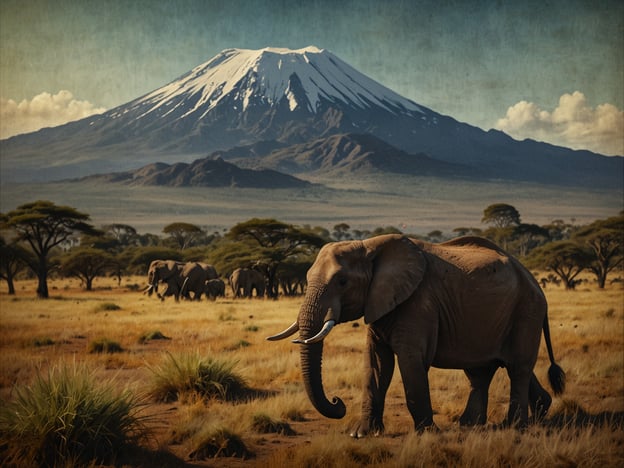 Auf dem Bild ist der majestätische Kilimandscharo zu sehen, der im Hintergrund thront. Im Vordergrund steht ein Elefant, der Teil der vielfältigen Tierwelt der Region ist. Die Savanne ist geprägt von weiten Grasflächen und vereinzelten Akazienbäumen, die typisch für das Landschaftsbild Ostafrikas sind.

Die Umgebung des Kilimandscharo ist nicht nur landschaftlich beeindruckend, sondern auch kulturell reich. Hier leben verschiedene ethnische Gruppen, darunter die Chaga, die bekannt sind für ihre traditionell landwirtschaftlichen Praktiken in den fruchtbaren Hanglagen des Berges. Die Region zieht auch viele Touristen an, die sowohl die Naturschönheiten als auch die lokale Kultur erkunden möchten, was zur Entwicklung des Ökotourismus beiträgt. 

Die bemerkenswerte Tierwelt, zu der neben Elefanten auch viele andere Arten wie Löwen und Giraffen gehören, ist ein wichtiger Teil des ökologischen Erbes der Region. Damit wird der Kilimandscharo nicht nur zu einem Naturschutzgebiet, sondern auch zu einem kulturellen Symbol für die Menschen, die dort leben.