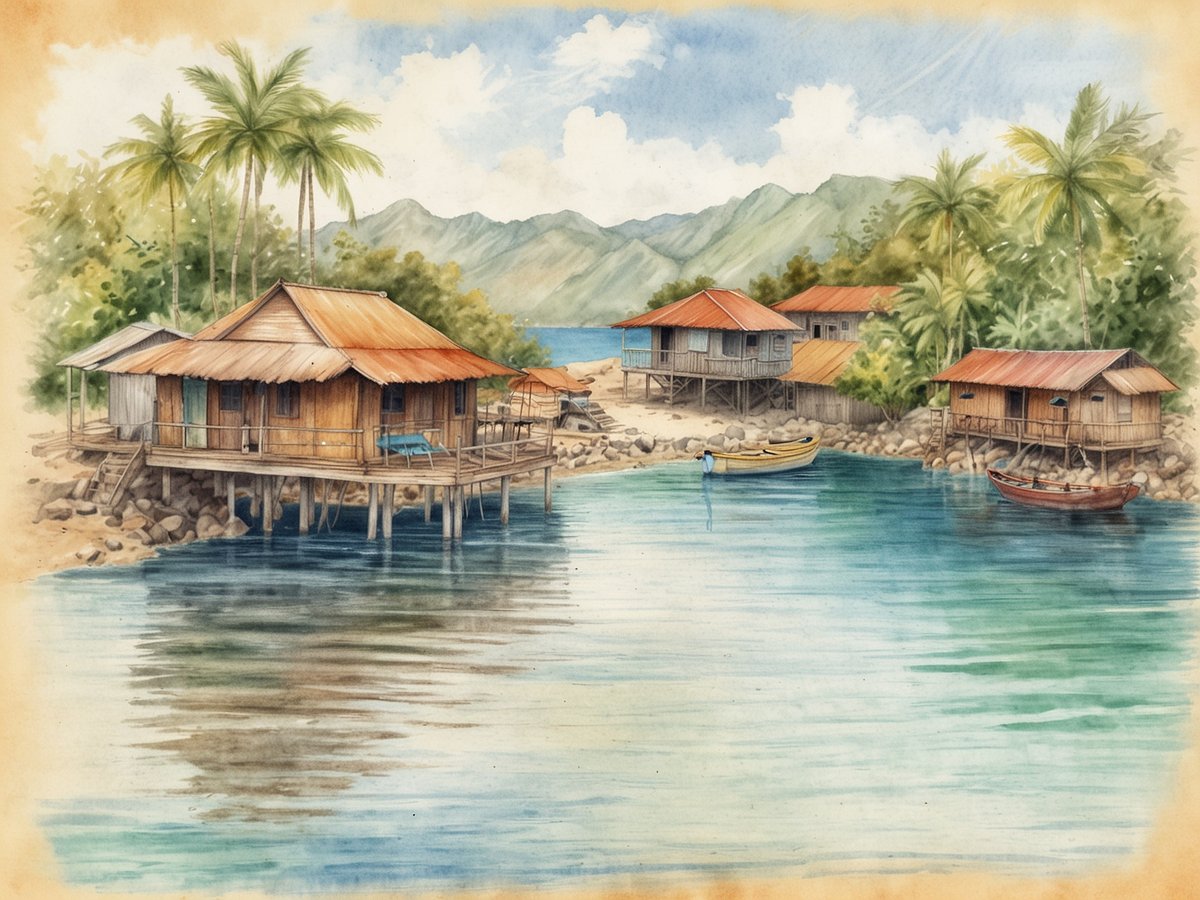 Vulkanische Landschaften und Fischerdörfer im Pazifik, gezeichnete Szenerie mit traditionellen Holzhäusern auf Stelzen, umgeben von Palmen und Bergen im Hintergrund. Die ruhige Wasseroberfläche spiegelt die Häuser und die Natur wider. In der Nähe befinden sich Boote im Wasser, die die maritime Atmosphäre unterstreichen. Die Farbpalette umfasst sanfte Blau- und Grüntöne sowie Erdtöne, die eine idyllische und friedliche Umgebung vermitteln.