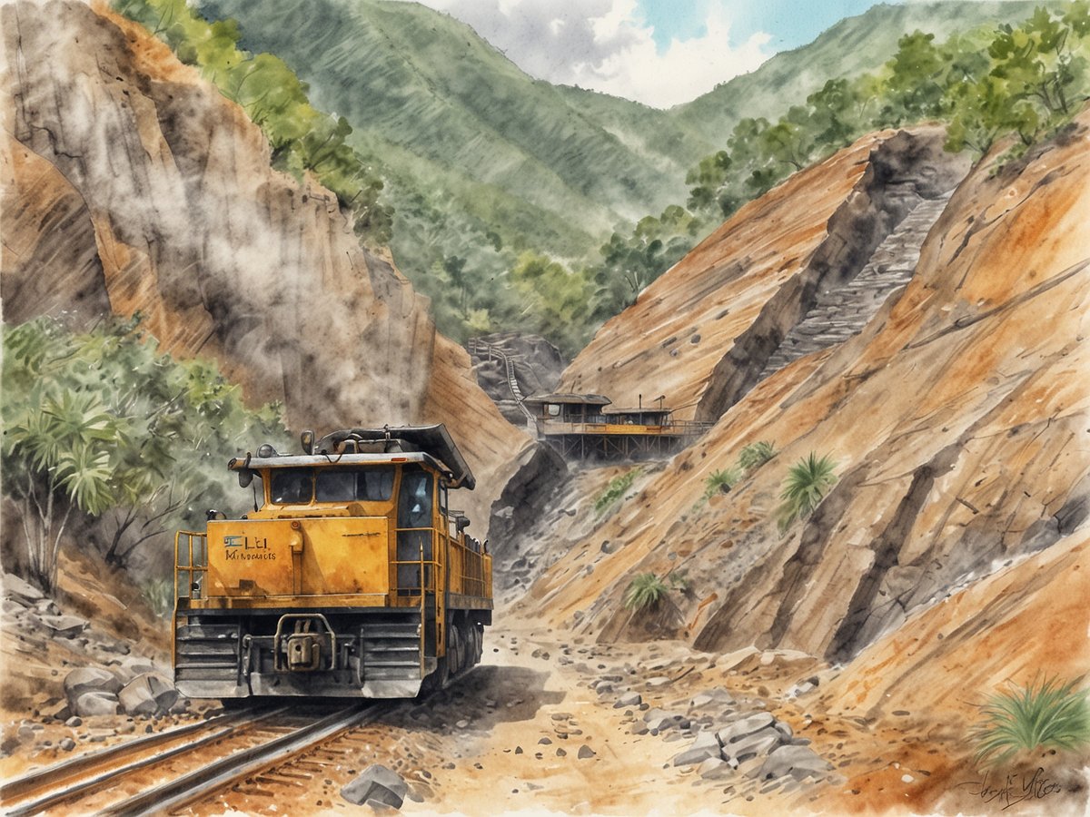 Eine gelbe Lokomotive fährt auf einer Schienenstrecke durch eine gebirgige Landschaft. Die Umgebung ist geprägt von steilen, braunen Felsen und üppigem grünen Bewuchs. Im Hintergrund ist eine weitere Plattform oder eine kleine Struktur sichtbar, die sich in die Felsen schmiegt. Der Himmel ist teilweise bewölkt, und die Szene vermittelt einen Eindruck von industrieller Aktivität in der Natur.