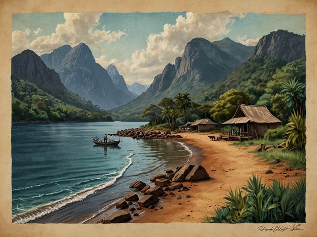 Auf dem Bild sieht man eine malerische Landschaft, die an die schönen Seen und Berge in Malawi erinnern könnte. Diese Gegend könnte den Malawi-See darstellen, wo viele Aktivitäten wie Bootfahren und Angeln möglich sind. Die umgebenden Berge bieten exzellente Wandermöglichkeiten, und die Strände sind ideal zum Entspannen. Die typischen traditionellen Hütten könnten auf die Kultur der Anwohner hinweisen, die oft in der Nähe von Wasser leben. Solche Szenerien laden Besucher ein, die Natur zu genießen und die lokale Lebensweise kennenzulernen.