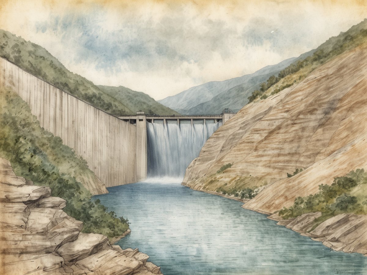 Der El Cajón-Staudamm erstreckt sich majestätisch zwischen sanften, bewaldeten Hügeln, die von einem klaren, blauen Wasser umgeben sind. Wasser stürzt kraftvoll über die Betonmauer des Staudamms in den darunterliegenden Stausee. Im Hintergrund sind bewaldete Berge sichtbar, die den Himmel umrahmen, der mit sanften Wolken verziert ist. Die Umgebung zeigt eine harmonische Verbindung von Ingenieurskunst und natürlicher Schönheit.