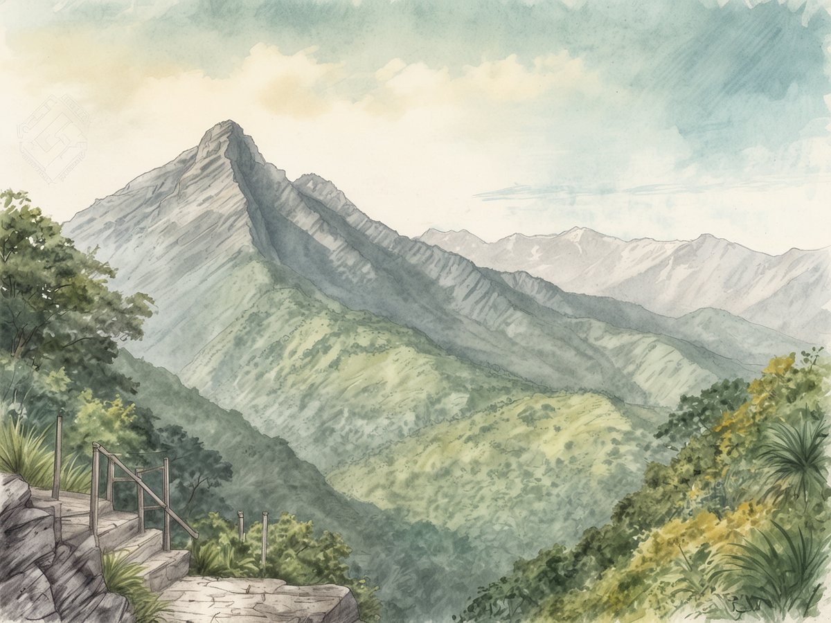 Eine malerische Ansicht des Victoria Peak, eines der beliebtesten Wanderziele im Hochland. Die Landschaft zeigt eine beeindruckende Bergkette mit schroffen Gipfeln und sanften grünen Hügeln. Im Vordergrund führt ein steiniger Weg mit einem Holzgeländer in die Höhe, umgeben von üppiger Vegetation und verschiedenen Pflanzen. Der Himmel ist leicht bewölkt und bietet ein sanftes Licht, das die natürliche Schönheit der Umgebung betont.