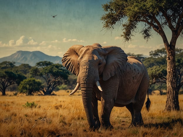 Auf dem Bild ist ein Elefant in einer weiten Savannenlandschaft zu sehen, umgeben von Bäumen und einer malerischen Bergkulisse im Hintergrund. 

Simbabwe ist bekannt für seine beeindruckende Tierwelt, und Elefanten sind häufig in den Nationalparks des Landes anzutreffen, wie beispielsweise im Hwange-Nationalpark. Touristen haben die Möglichkeit, diese majestätischen Tiere in ihrem natürlichen Lebensraum zu beobachten und an geführten Safaris teilzunehmen. Solche Erlebnisse sind ein wichtiger Teil des Tourismus in Simbabwe, der die Schönheit und Vielfalt der afrikanischen Natur präsentiert.