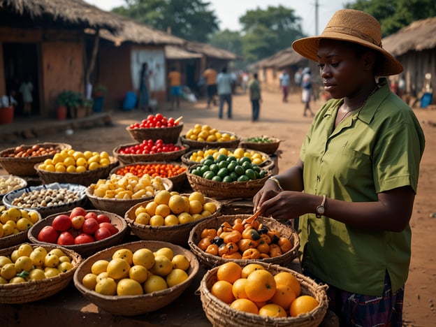 Das Bild zeigt einen lebhaften Markt, auf dem eine Frau mit einer grünen Bluse und einem Hut steht. Sie ist umgeben von Körben voller verschiedener Früchte, darunter Zitrusfrüchte und andere bunte Obstsorten, die zum Verkauf angeboten werden. Im Hintergrund sind einfache, traditionell aus Lehm gebaute Hütten zu sehen.

**Tipps für Deinen Besuch in Sambia:**

1. **Markterlebnis:** Nutze die Gelegenheit, lokale Märkte zu besuchen, um frisches Obst und Gemüse zu probieren. Es ist eine großartige Möglichkeit, das Leben vor Ort kennenzulernen.

2. **Handel und Interaktion:** Sei bereit zu handeln. Das Feilschen ist eine üblich Praxis und macht den Einkauf in Sambia lebendiger.

3. **Einheimische Spezialitäten:** Probiere auch traditionelle Speisen und Getränke. Die zambische Küche ist vielfältig und köstlich!

4. **Sprache:** Ein paar Wörter in der Landessprache, Bemba oder Nyanja, können sehr hilfreich sein und die Einheimischen erfreuen.

5. **Hygiene:** Achte darauf, nur frisches und gut gewaschenes Obst zu essen, um Magenprobleme zu vermeiden.

Viel Spaß bei Deinem Besuch in Sambia!