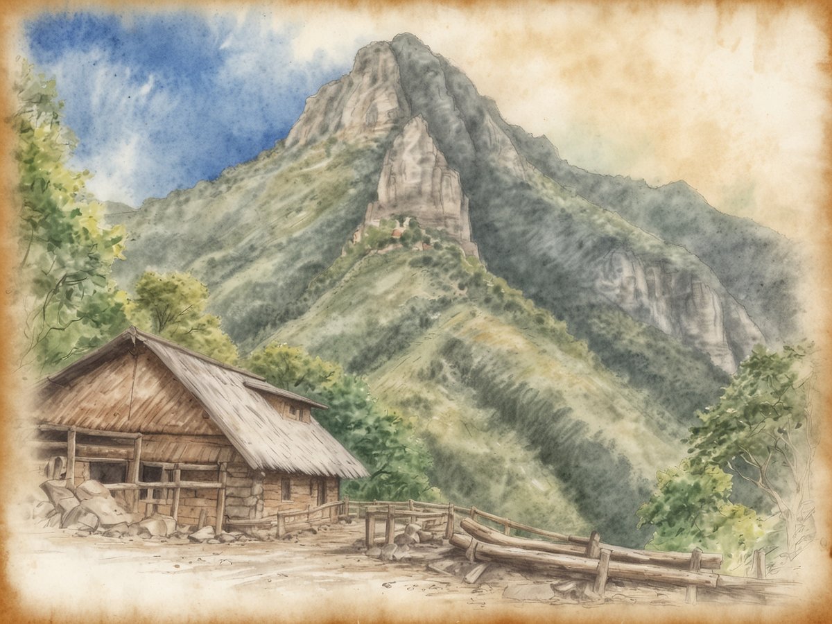 Eine malerische Landschaft zeigt eine Holzhütte im Vordergrund, umgeben von grünen Bäumen und Sträuchern. Im Hintergrund erhebt sich majestätisch ein Gebirge mit steilen Felsen und sanften Hängen. Der Himmel ist blau mit wenigen Wolken, und die gesamte Szene strahlt eine ruhige und natürliche Schönheit aus. Die Farben sind sanft und wirken malerisch, was die idyllische Atmosphäre der Bergregion von Santa Bárbara unterstreicht.