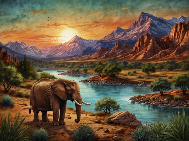 Die Schönheit Namibias zeigt sich in seinen beeindruckenden Landschaften und der vielfältigen Tierwelt. Auf dem Bild ist ein majestätischer Elefant zu sehen, der am Ufer eines glitzernden Flusses steht. Im Hintergrund erstrecken sich beeindruckende Gebirgen und sanfte Hügel, während die Farben des Sonnenuntergangs den Himmel in warme Töne tauchen. Die friedliche Szenerie spiegelt die natürliche Pracht und das wilde Herz Namibias wider, wo Tiere und Landschaft harmonisch zusammenleben.